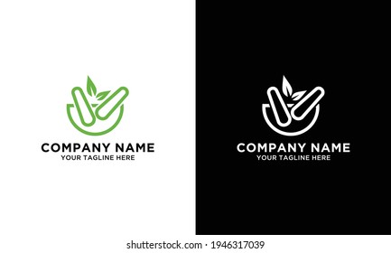 Pharmaceutical mortar and pestle with green leaf, pharmacy and alternative medicine isolated vector logo template with sample text