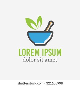Pharmaceutical mortar and pestle with green leaf, pharmacy and alternative medicine isolated vector logo template with sample text