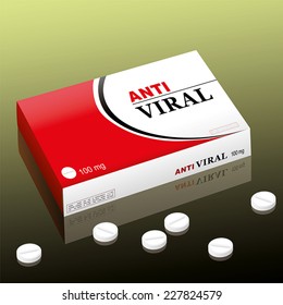 Pharmaceutical named ANTIVIRAL, a medical fake product. Vector illustration.