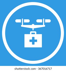 Pharmaceutical Nanocopter Shipment vector icon. Style is flat circled symbol, white color, rounded angles, blue background.