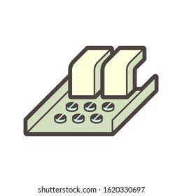 Pharmaceutical, nutraceutical, cleaning product and supplement manufacturing production industry vector icon. That industrial process consist of container, drug, tablet, pill or product and machine.