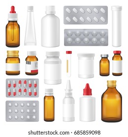 Pharmaceutical packages selection of glass and plastic bottles pills push through foil realistic images set vector illustration