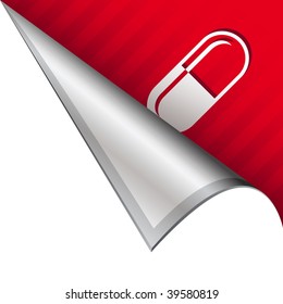 Pharmaceutical pill capsule icon on vector peeled corner tab suitable for use in print, on websites, or in advertising materials.