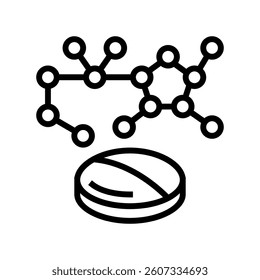 pharmaceutical pill with molecular structure line icon vector. pharmaceutical pill with molecular structure sign. isolated contour symbol black illustration