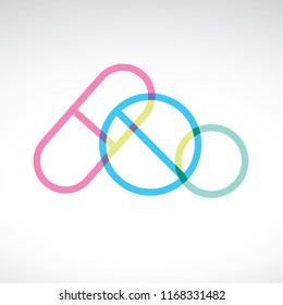 Pharmaceutical pills and capsule logo with overlapping shapes and transparency. Colorful healthcare medicine line pattern vector icon illustration. Pharmacy symbol branding.