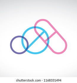 Pharmaceutical pills and capsule logo with overlapping shapes and transparency. Colorful healthcare medicine line pattern vector icon illustration. Blue pharmacy symbol branding.