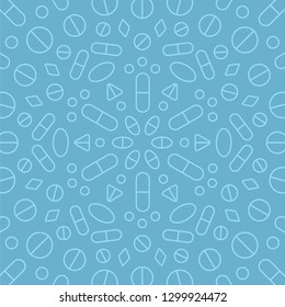 Pharmaceutical pills and capsules in a circle design pattern for a medicine. Health care icons illustration.