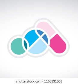 Pharmaceutical pills drugs and capsule logo with overlapping shapes and transparency. Colorful healthcare medicine line pattern vector icon illustration. Pharmacy symbol branding.