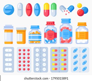 Pharmaceutical pills, medicine bottles and pills in blister packs. Pharmacy treatment, health pill, medication vitamin and tablet, vector illustration