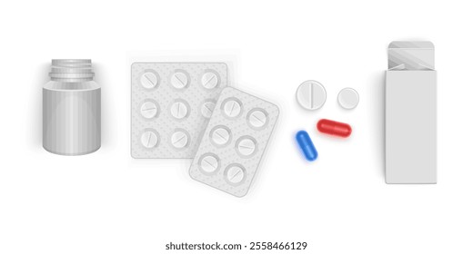 Pharmaceutical pills, medicine bottles and pills in blister packs. Pharmacy treatment vector format