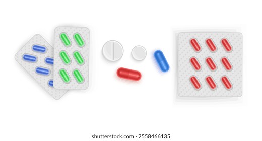 Pharmaceutical pills, medicine bottles and pills in blister packs. Pharmacy treatment vector format