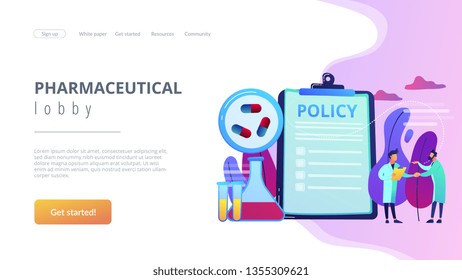 Pharmaceutical policy on clipboard and researchers, tiny people. Pharmaceutical policy, pharmaceutical lobby, drugs production control concept. Website vibrant violet landing web page template.