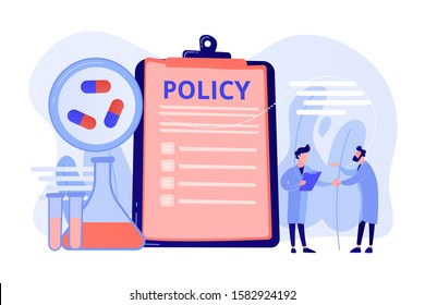 Pharmaceutical policy on clipboard and researchers, tiny people. Pharmaceutical policy, pharmaceutical lobby, drugs production control concept. Pinkish coral bluevector vector isolated illustration