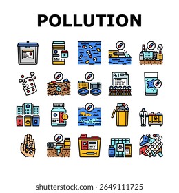 pharmaceutical pollution icons set vector. contamination, environment, wastewater, antibiotics, ecosystem, toxicity pharmaceutical pollution color line illustrations