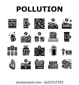 poluição farmacêutica ícones definir vetor. contaminação, ambiente, águas residuais, antibióticos, ecossistema, toxicidade farmacêutica poluição glifo pictograma Ilustrações