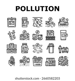 pharmazeutische Verschmutzungssymbole setzen Vektor. Kontamination, Umwelt, Abwasser, Antibiotika, Ökosystem, Toxizität, pharmazeutische Verschmutzung schwarze Kontur