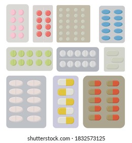 Arzneimittel in fester Form, Blisterpackungen mit medizinischen Tabletten und Kapseln, Vitamine und Ergänzungsvordrucke für Design 