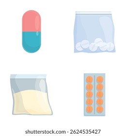 Pharmaceutical product icons set cartoon vector. Various medicinal product. Healthcare concept