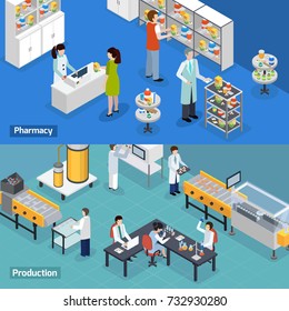 Pharmaceutical production 2 isometric horizontal banners with medical research tests manufacturing and drugstore services isolated vector illustration 