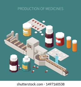 Pharmaceutical production concept with medicine and treatment symbols isometric vector illustration