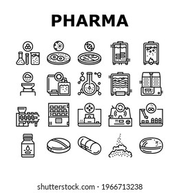 Pharmaceutical Production Factory Icons Set Vector. Laboratory Manufacturing Pharmaceutical Product, Tablet Drug And Capsule, Powder And Pills Black Contour Illustrations