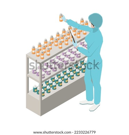 Pharmaceutical production isometric composition with isolated view of medical laboratory appliances vector illustration
