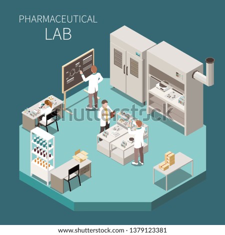 Pharmaceutical production isometric composition with pharmaceutical lab headline and three scientist in the lab vector illustration