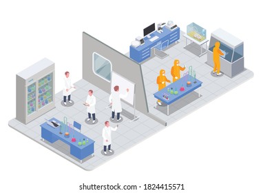 Pharmaceutical production isometric composition with view of research and test rooms with medical products and scientists vector illustration