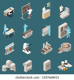 Pharmaceutical Production Isometric Icon Set With Scientist At Work And Drug Manufacturing Vector Illustration