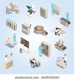 Pharmaceutical production isometric icon set with scientist at work and drug manufacturing illustration automatic tablet worker sterile manufacture 3d