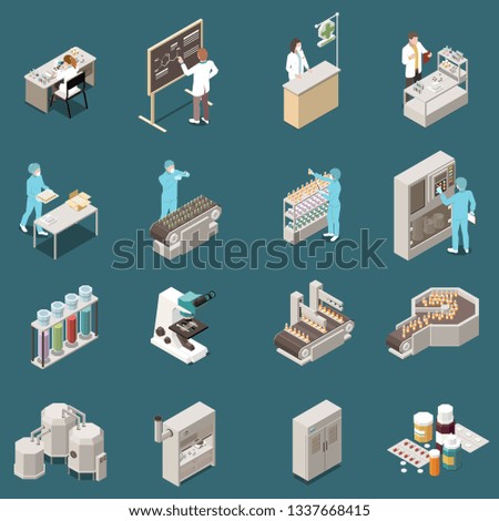 Pharmaceutical production isometric icon set with scientist at work and drug manufacturing vector illustration