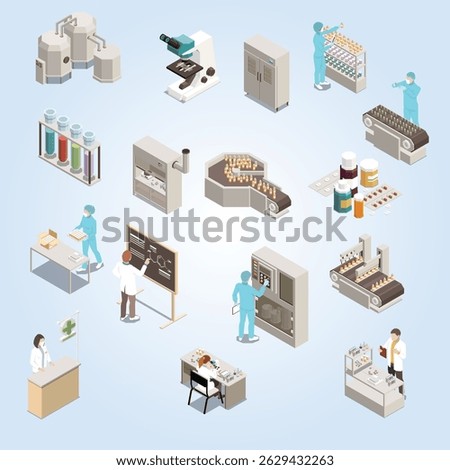 Pharmaceutical production isometric icon set with scientist at work and drug manufacturing illustration automatic tablet worker sterile manufacture 3d