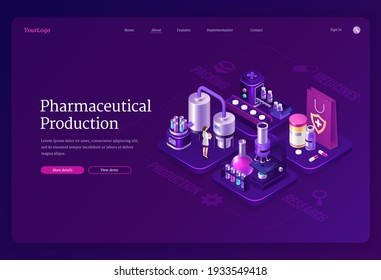 Pharmaceutical production isometric landing page, woman scientist in robe stand in medical laboratory near conveyor belt with huge flasks, drugs, microscope and medicine pills 3d vector web banner