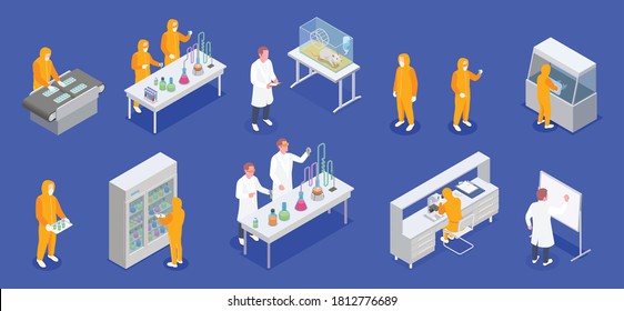 Pharmaceutical production isometric set of laboratory equipment icons and human characters of scientists in biohazard suits vector illustration