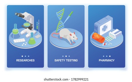 Pharmaceutical Production Isometric Set Of Three Vertical Banners With Medical Products Research Equipment And Lab Rat Vector Illustration