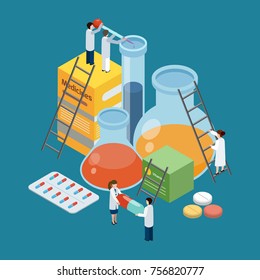 Pharmaceutical Production Symbolic Isometric Background Poster With Lab Researches Climbing On Medicine Pills Packages Retorts Vector Illustration  