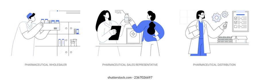 Distribución de productos farmacéuticos concepto abstracto conjunto de ilustraciones vectoriales. Mayorista farmacéutico, representante de ventas, almacén de distribución de medicamentos, metáfora abstracta de gestión de la cadena de suministro.