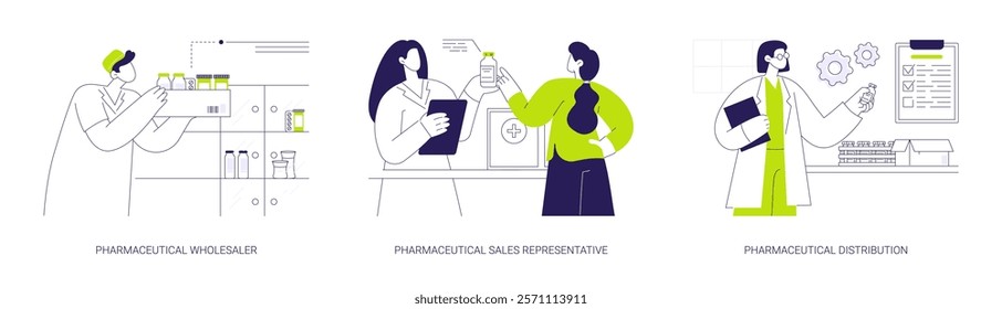 Pharmaceutical products distribution abstract concept vector illustration set. Pharmaceutical wholesaler, sales representative, drugs distribution warehouse, supply chain management abstract metaphor.