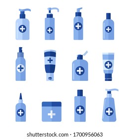 Productos farmacéuticos en frascos con dispensador, bomba. Conjunto de envases médicos, tubos y botellas para el gel de lavado, desinfectante para manos antibacterianas. Ilustración de vectores aislada en blanco