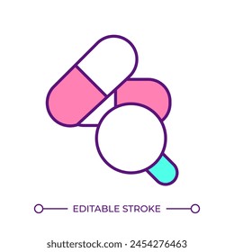 Pharmazeutische Qualitätskontrolle RGB-Farbsymbol. Herstellung von Arzneimitteln. Lupenbeobachtung, Überwachung. Isolierte Vektorillustration. Einfache ausgefüllte Linienzeichnung. Bearbeitbarer Strich