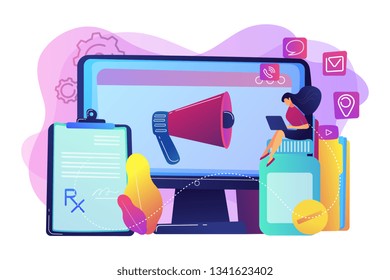 Pharmaceutical representative with laptop sitting on medicine jar. Pharmaceutical marketing, drugs advertising, continuing medical education concept. Bright vibrant violet vector isolated illustration