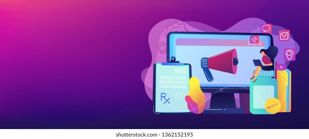 Pharmaceutical representative with laptop sitting on medicine jar. Pharmaceutical marketing, drugs advertising, continuing medical education concept. Header or footer banner template with copy space.
