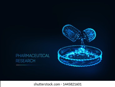 Pharmakologische Forschungskonzepte mit futuristischer Glühbirne aus polygonaler offener Medizin und Petrischale und Text einzeln auf dunkelblauem Hintergrund. Klinische Studie. Moderne Design, Vektorgrafik.