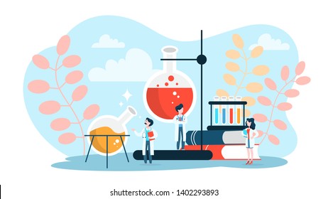 Pharmaceutical research concept. Scientist making clinical test and analysis. New medicine development. Researcher with microscope. Isolated vector illustration in cartoon style