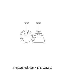 Pharmaceutical research and development icon. Drug formulating. Chemical engineering. Flask, molecule, capsules. Pharmacology. Biotechnology.