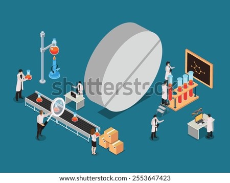 Pharmaceutical Research and Development with Scientists and Laboratory Equipment 3d isometric vector illustration
