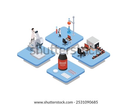 Pharmaceutical Research and Drug Production Process 3d isometric vector illustration