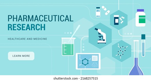 Pharmaceutical research, innovation and drug development banner with copy space