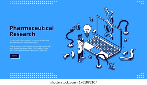 Página de inicio isométrico de la investigación farmacéutica. Científico con bata blanca y bombilla brillante en una laptop enorme con brazos robóticos montaje Proyección de Adn en laboratorio, banner web de arte de línea vectorial 3d