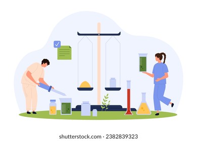 Pharmaceutical research in laboratory vector illustration. Cartoon tiny people work on pharma innovation with scientific balance scales and lab test tubes, development and analysis by scientists